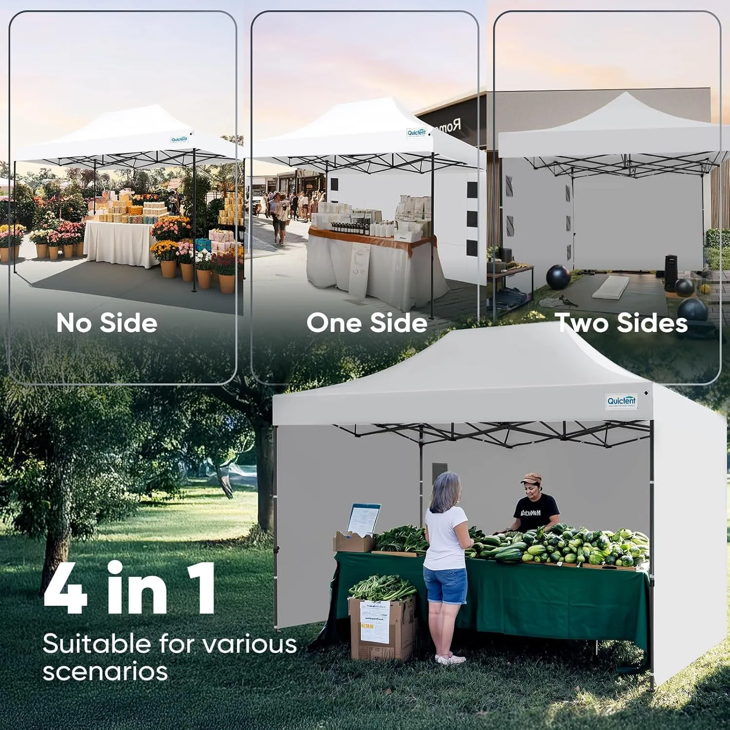 Quictent 10'x15' Heavy Duty Pop up Canopy Tent with Sidewalls, Commercial Grade Instant Shelter with Wheeled Bag for Outdoor, Parties, Markets, 600D Silver Coated UPF 50  Sun Shield