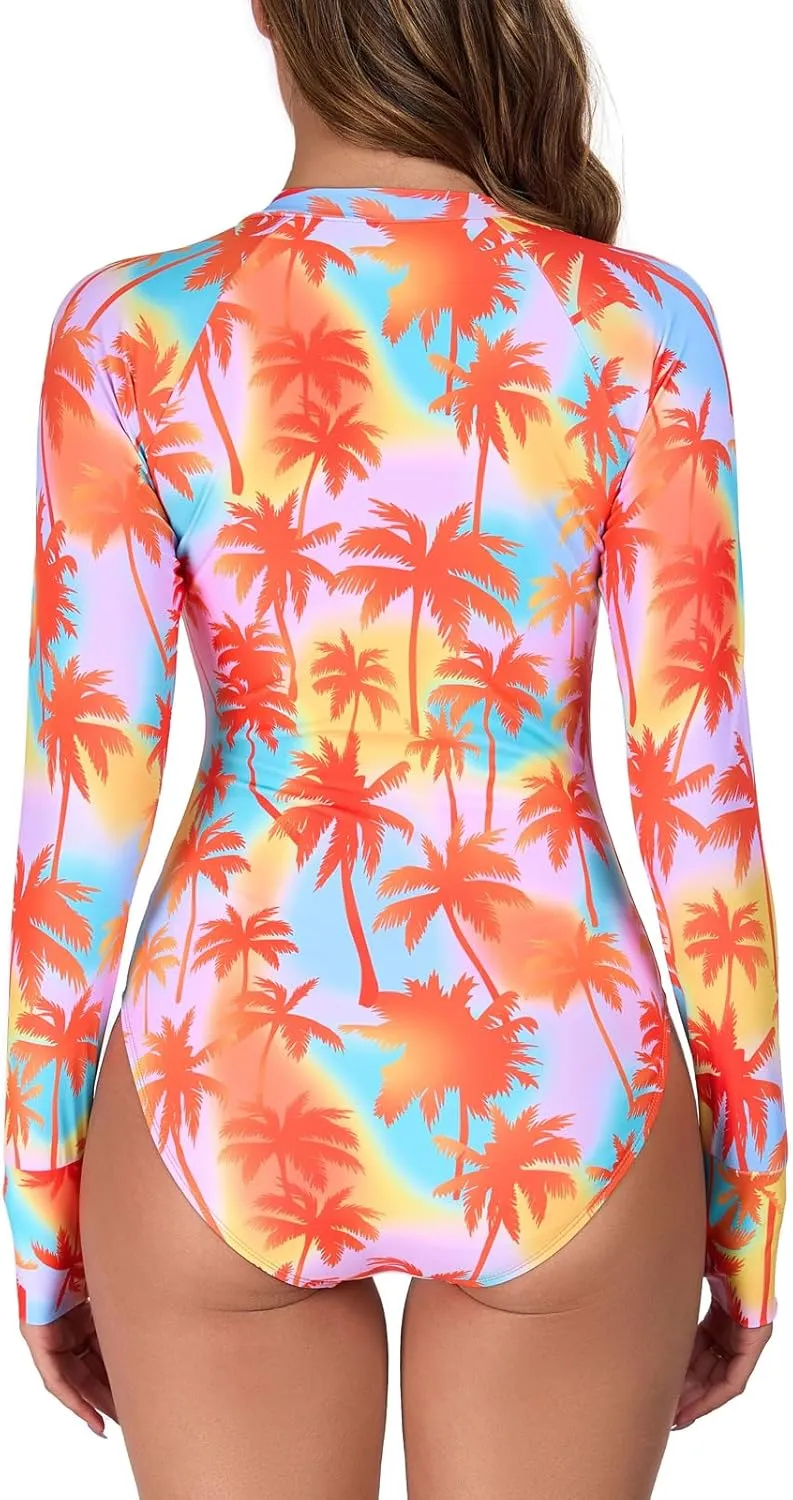 RELLECIGA Women's One Piece Swimsuits Long Sleeve Rash Guard UV Protection Surfing Swimsuit Bathing Suit