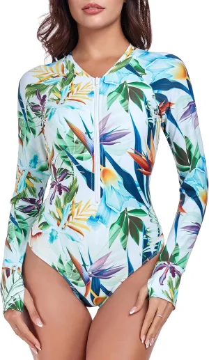 RELLECIGA Women's One Piece Swimsuits Long Sleeve Rash Guard UV Protection Surfing Swimsuit Bathing Suit