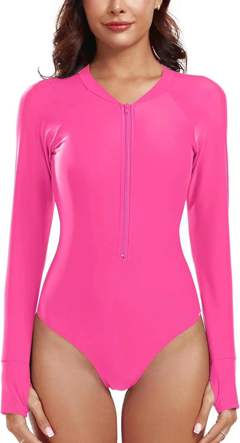RELLECIGA Women's One Piece Swimsuits Long Sleeve Rash Guard UV Protection Surfing Swimsuit Bathing Suit