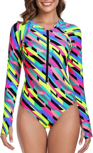 RELLECIGA Women's One Piece Swimsuits Long Sleeve Rash Guard UV Protection Surfing Swimsuit Bathing Suit