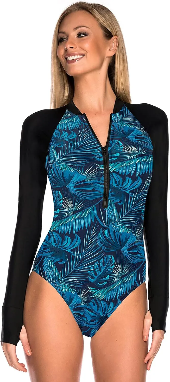 RELLECIGA Women's One Piece Swimsuits Long Sleeve Rash Guard UV Protection Surfing Swimsuit Bathing Suit