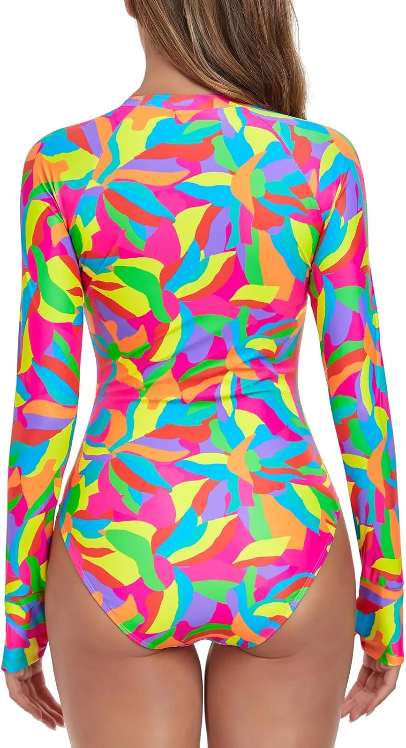 RELLECIGA Women's One Piece Swimsuits Long Sleeve Rash Guard UV Protection Surfing Swimsuit Bathing Suit