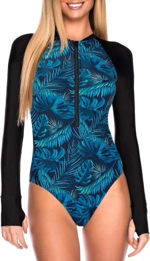 RELLECIGA Women's One Piece Swimsuits Long Sleeve Rash Guard UV Protection Surfing Swimsuit Bathing Suit