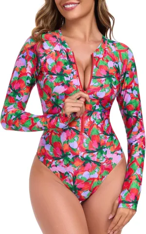 RELLECIGA Women's One Piece Swimsuits Long Sleeve Rash Guard UV Protection Surfing Swimsuit Bathing Suit