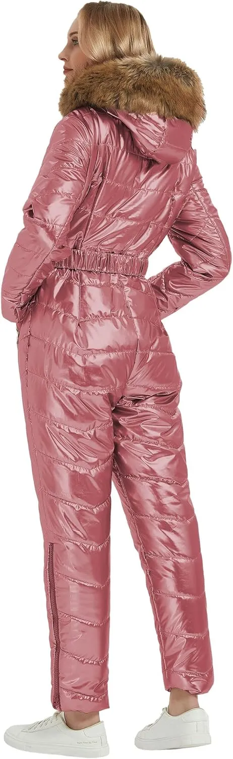 RISISSIDA Women Ski Suit Jumpsuit, Winter Onesies Outdoor Sports Waterproof Snowsuit One Piece with Hood Removable Fur Collar