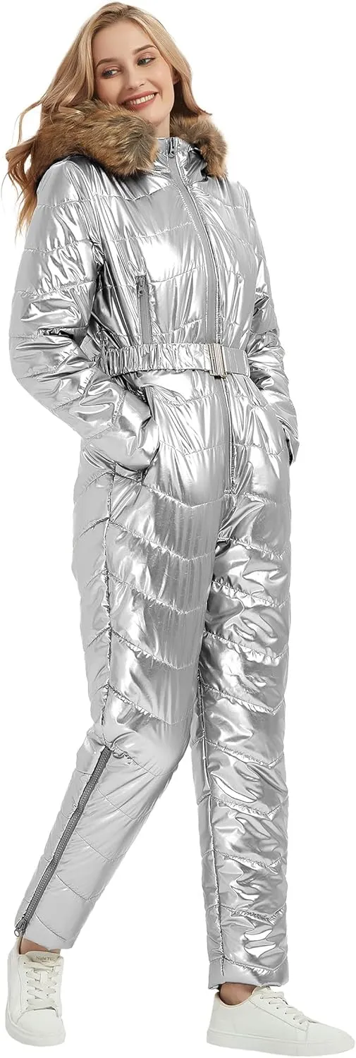 RISISSIDA Women Ski Suit Jumpsuit, Winter Onesies Outdoor Sports Waterproof Snowsuit One Piece with Hood Removable Fur Collar