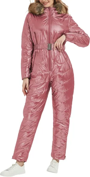 RISISSIDA Women Ski Suit Jumpsuit, Winter Onesies Outdoor Sports Waterproof Snowsuit One Piece with Hood Removable Fur Collar