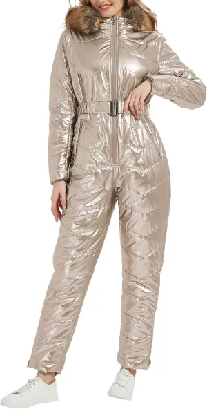 RISISSIDA Women Ski Suit Jumpsuit, Winter Onesies Outdoor Sports Waterproof Snowsuit One Piece with Hood Removable Fur Collar