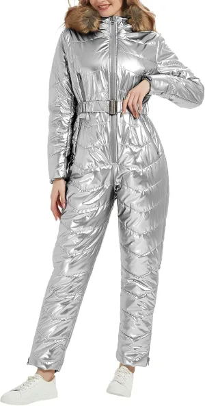 RISISSIDA Women Ski Suit Jumpsuit, Winter Onesies Outdoor Sports Waterproof Snowsuit One Piece with Hood Removable Fur Collar