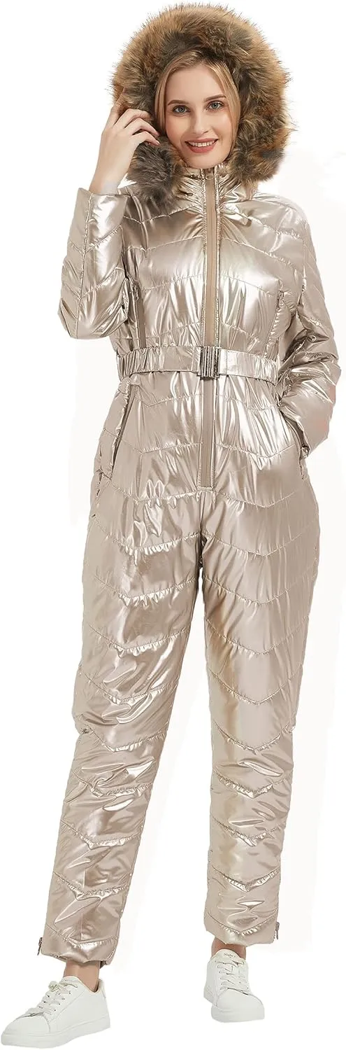 RISISSIDA Women Ski Suit Jumpsuit, Winter Onesies Outdoor Sports Waterproof Snowsuit One Piece with Hood Removable Fur Collar