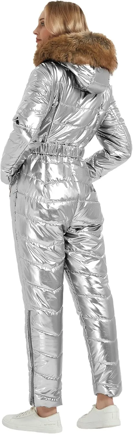 RISISSIDA Women Ski Suit Jumpsuit, Winter Onesies Outdoor Sports Waterproof Snowsuit One Piece with Hood Removable Fur Collar