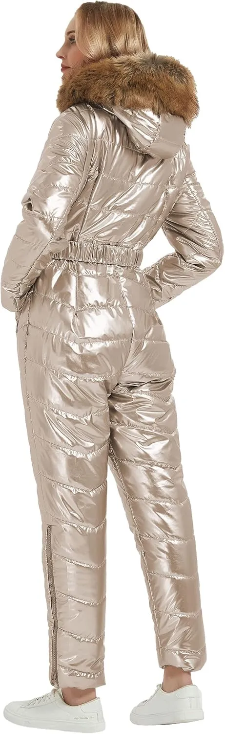 RISISSIDA Women Ski Suit Jumpsuit, Winter Onesies Outdoor Sports Waterproof Snowsuit One Piece with Hood Removable Fur Collar