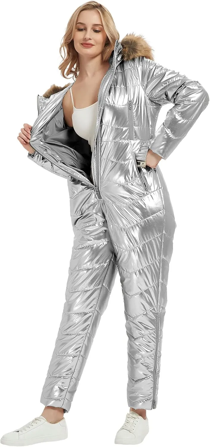 RISISSIDA Women Ski Suit Jumpsuit, Winter Onesies Outdoor Sports Waterproof Snowsuit One Piece with Hood Removable Fur Collar