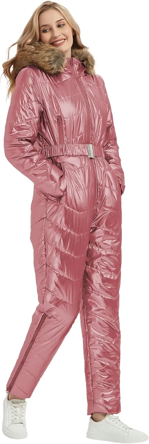 RISISSIDA Women Ski Suit Jumpsuit, Winter Onesies Outdoor Sports Waterproof Snowsuit One Piece with Hood Removable Fur Collar