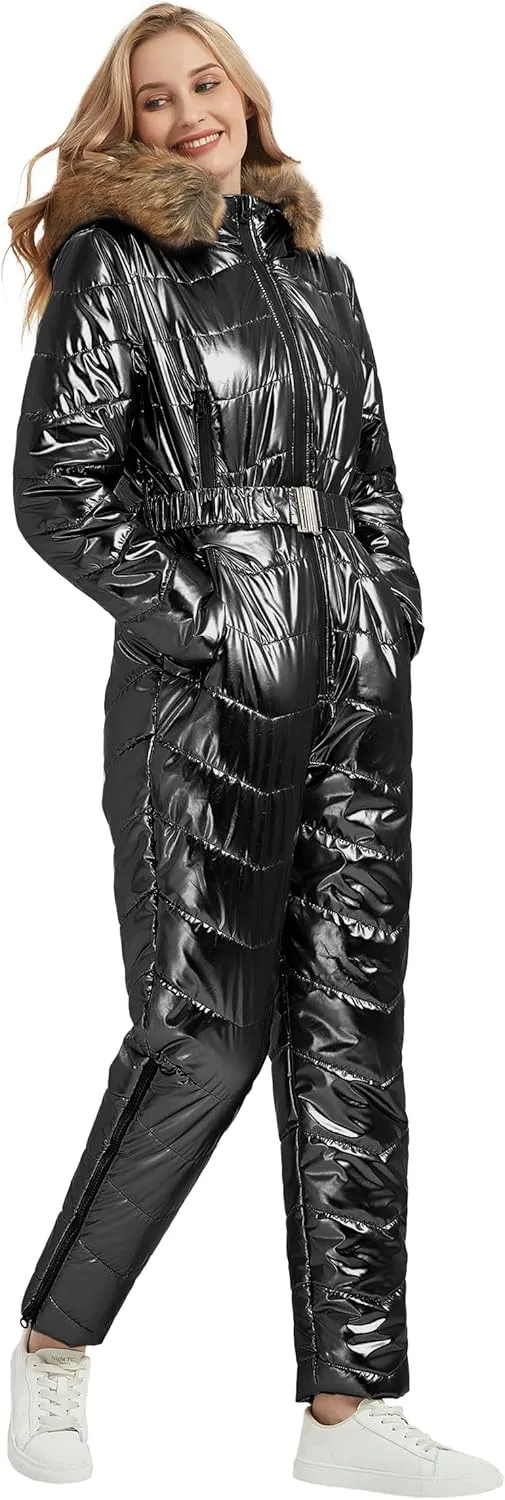 RISISSIDA Women Ski Suit Jumpsuit, Winter Onesies Outdoor Sports Waterproof Snowsuit One Piece with Hood Removable Fur Collar