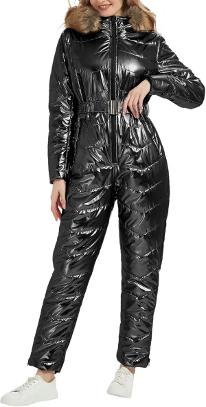RISISSIDA Women Ski Suit Jumpsuit, Winter Onesies Outdoor Sports Waterproof Snowsuit One Piece with Hood Removable Fur Collar
