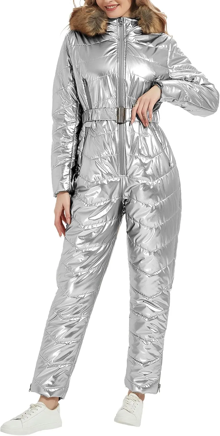 RISISSIDA Women Ski Suit Jumpsuit, Winter Onesies Outdoor Sports Waterproof Snowsuit One Piece with Hood Removable Fur Collar