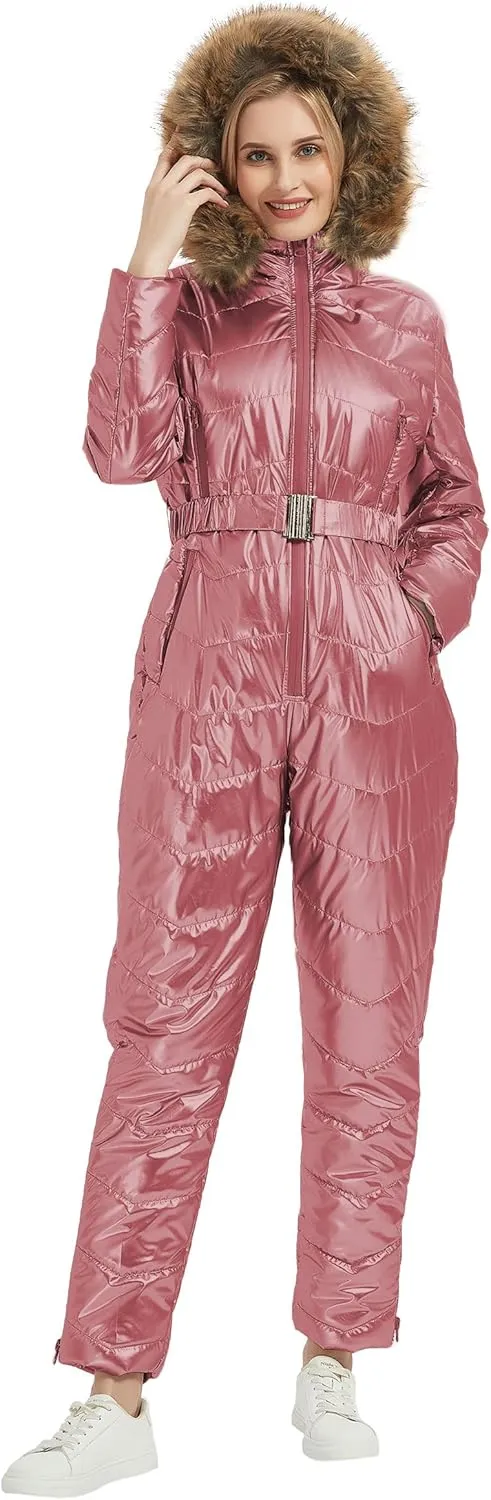 RISISSIDA Women Ski Suit Jumpsuit, Winter Onesies Outdoor Sports Waterproof Snowsuit One Piece with Hood Removable Fur Collar