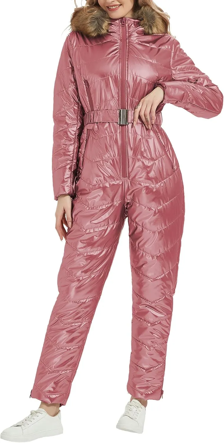 RISISSIDA Women Ski Suit Jumpsuit, Winter Onesies Outdoor Sports Waterproof Snowsuit One Piece with Hood Removable Fur Collar