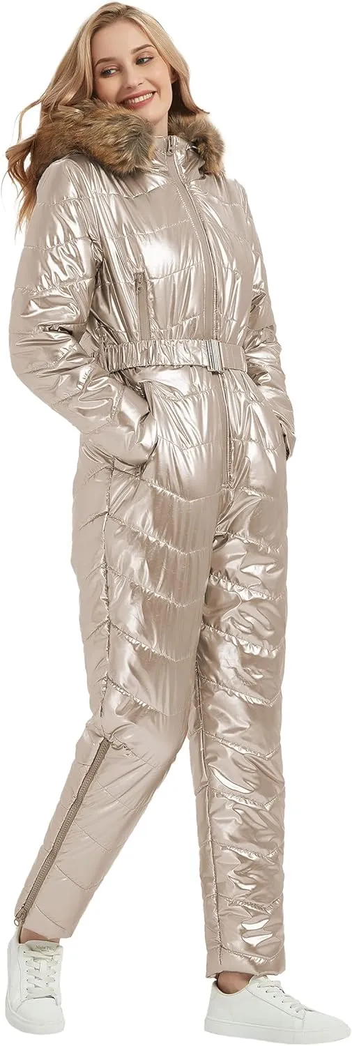 RISISSIDA Women Ski Suit Jumpsuit, Winter Onesies Outdoor Sports Waterproof Snowsuit One Piece with Hood Removable Fur Collar