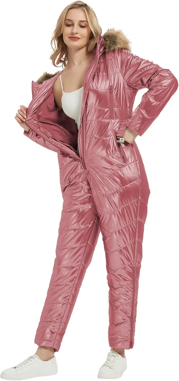 RISISSIDA Women Ski Suit Jumpsuit, Winter Onesies Outdoor Sports Waterproof Snowsuit One Piece with Hood Removable Fur Collar