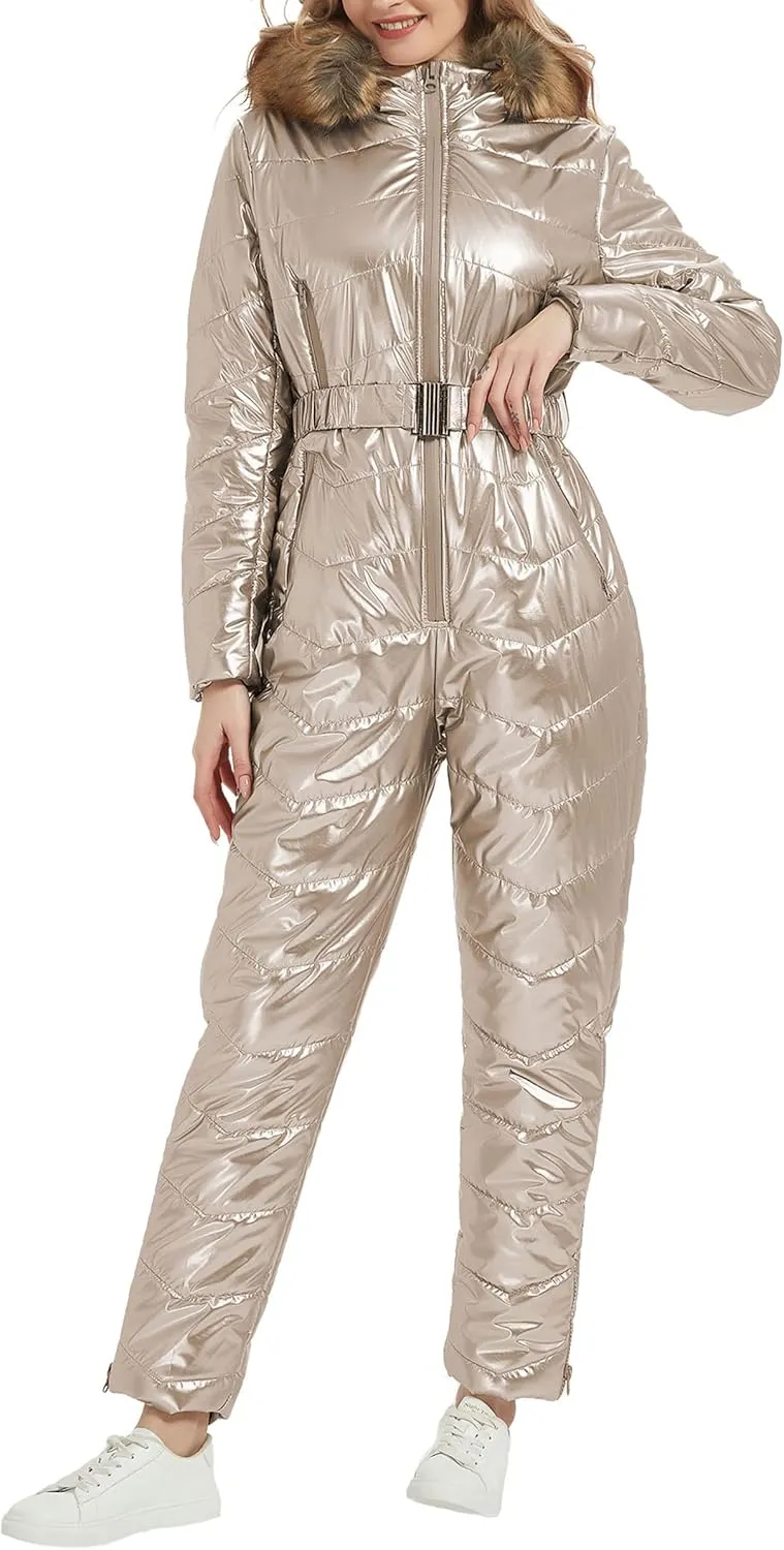 RISISSIDA Women Ski Suit Jumpsuit, Winter Onesies Outdoor Sports Waterproof Snowsuit One Piece with Hood Removable Fur Collar