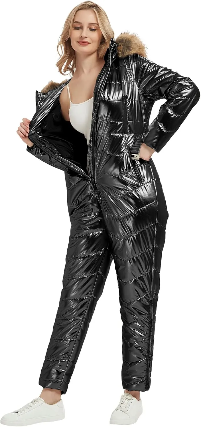 RISISSIDA Women Ski Suit Jumpsuit, Winter Onesies Outdoor Sports Waterproof Snowsuit One Piece with Hood Removable Fur Collar