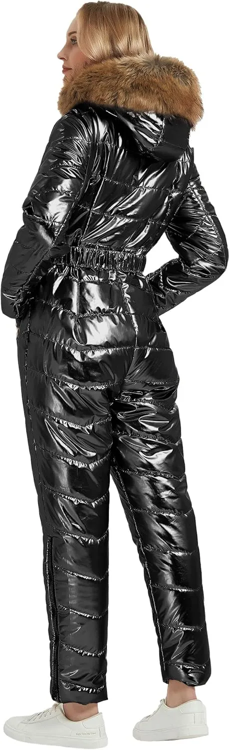 RISISSIDA Women Ski Suit Jumpsuit, Winter Onesies Outdoor Sports Waterproof Snowsuit One Piece with Hood Removable Fur Collar