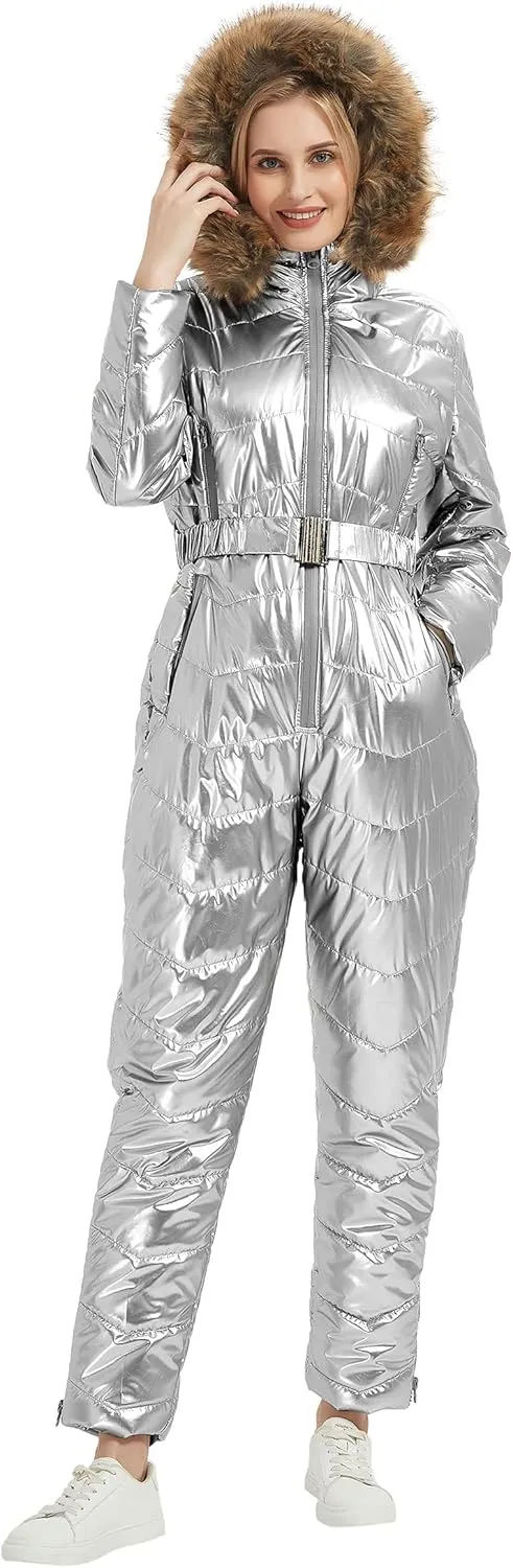 RISISSIDA Women Ski Suit Jumpsuit, Winter Onesies Outdoor Sports Waterproof Snowsuit One Piece with Hood Removable Fur Collar