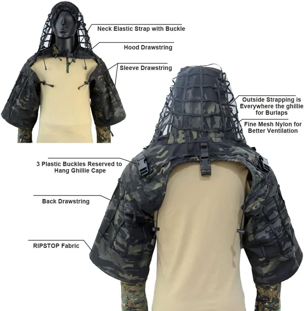 ROCOTACTICAL Sniper Ghillie Suit Foundation, Ripstop, Ghillie Viper Hood, Camouflage Sniper Coat