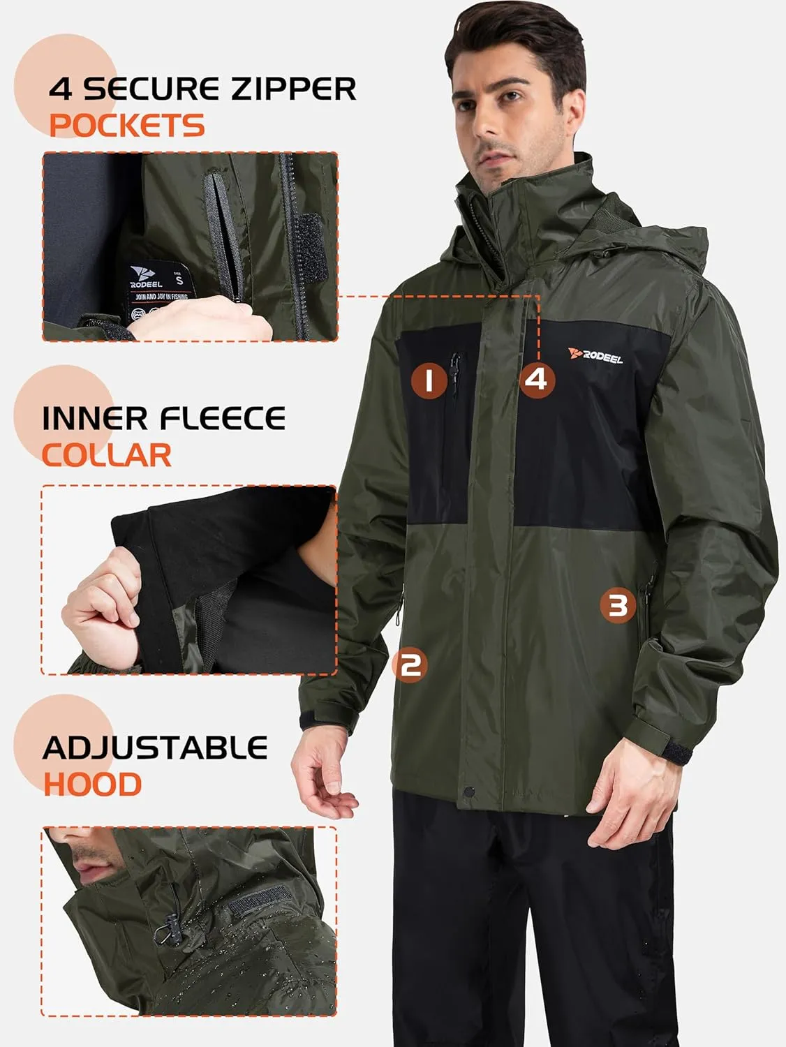 Rodeel Waterproof Fishing Rain Suit for Men (Rain gear Jacket & Trouser Suit)