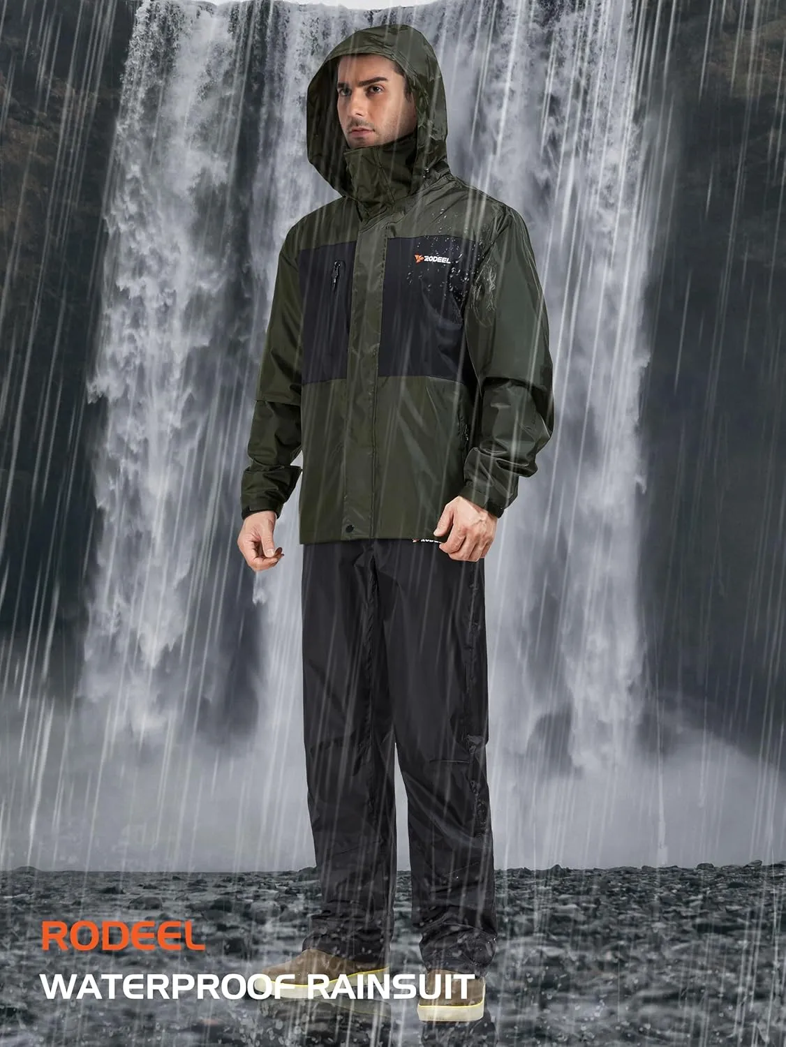 Rodeel Waterproof Fishing Rain Suit for Men (Rain gear Jacket & Trouser Suit)