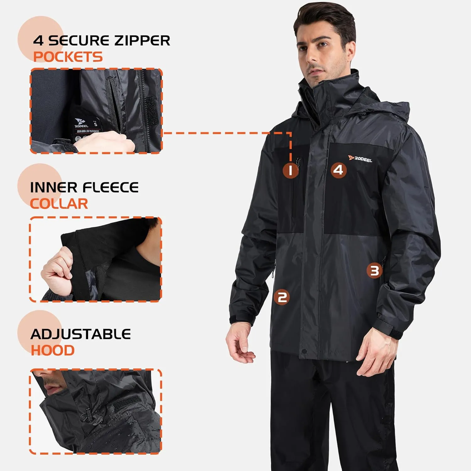 Rodeel Waterproof Fishing Rain Suit for Men (Rain gear Jacket & Trouser Suit)