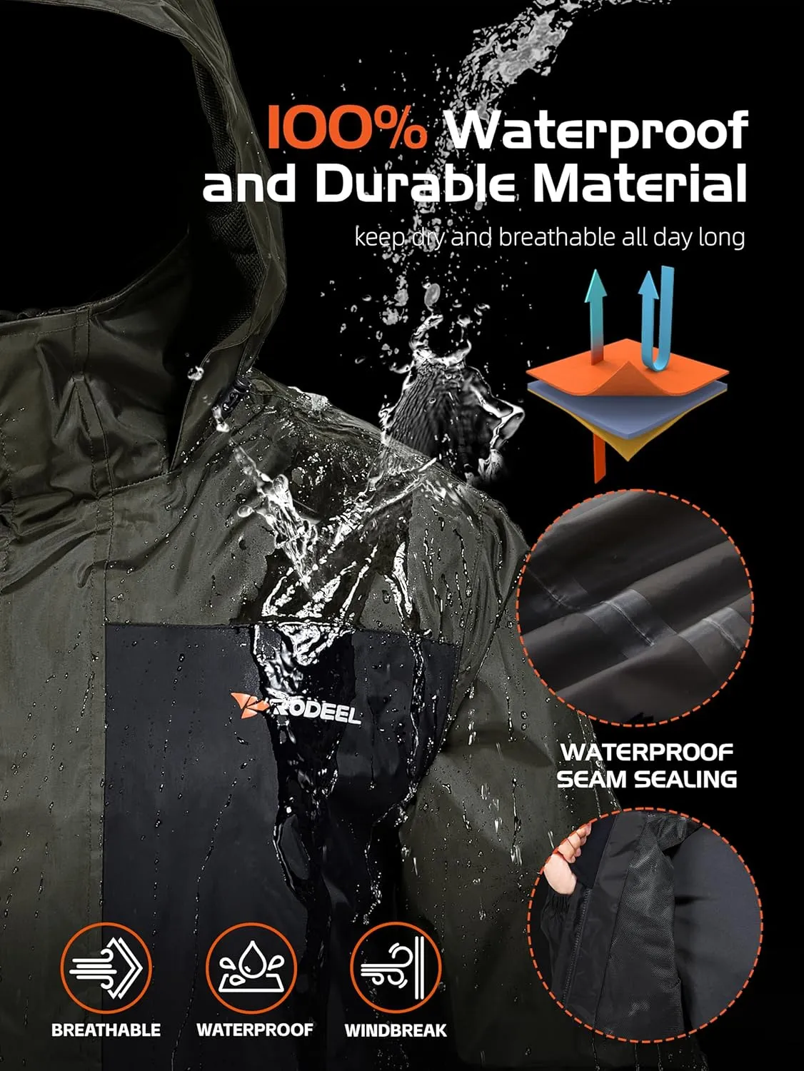 Rodeel Waterproof Fishing Rain Suit for Men (Rain gear Jacket & Trouser Suit)