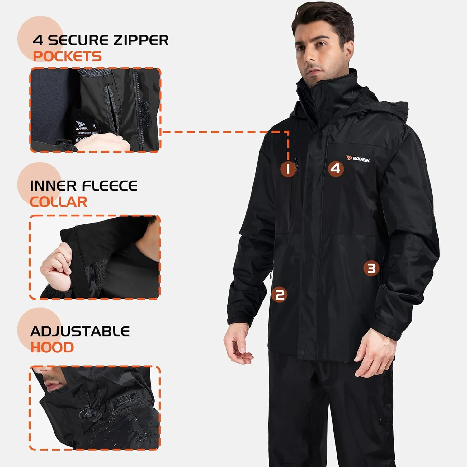 Rodeel Waterproof Fishing Rain Suit for Men (Rain gear Jacket & Trouser Suit)