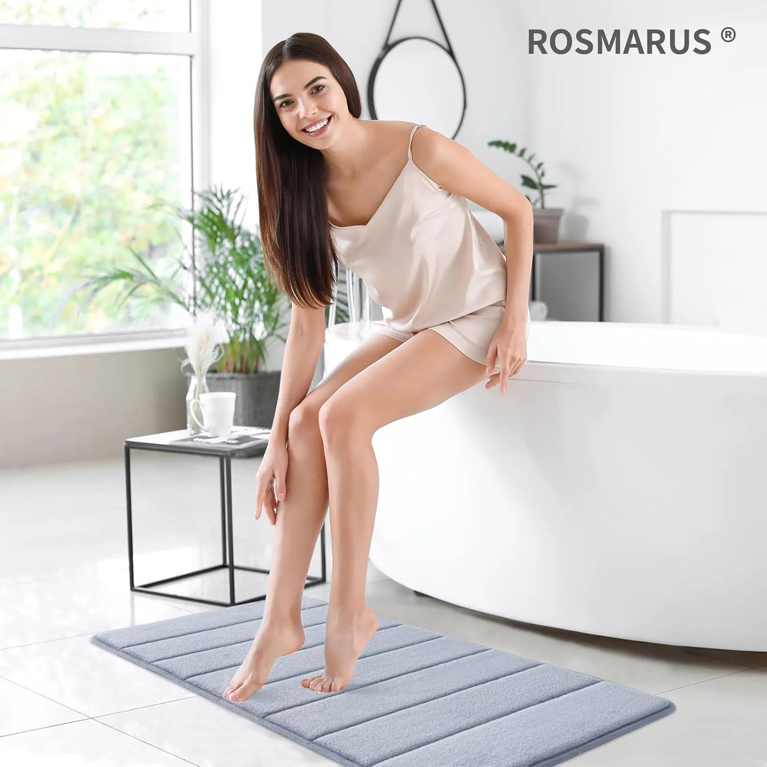 ROSMARUS Memory Foam Bath Mat 20” x 32”, Water Absorbent Shower Mat, Thick Non Slip Bath Rugs with PVC Backing, Ultra Soft for Bathroom Floor & Tub, Grey