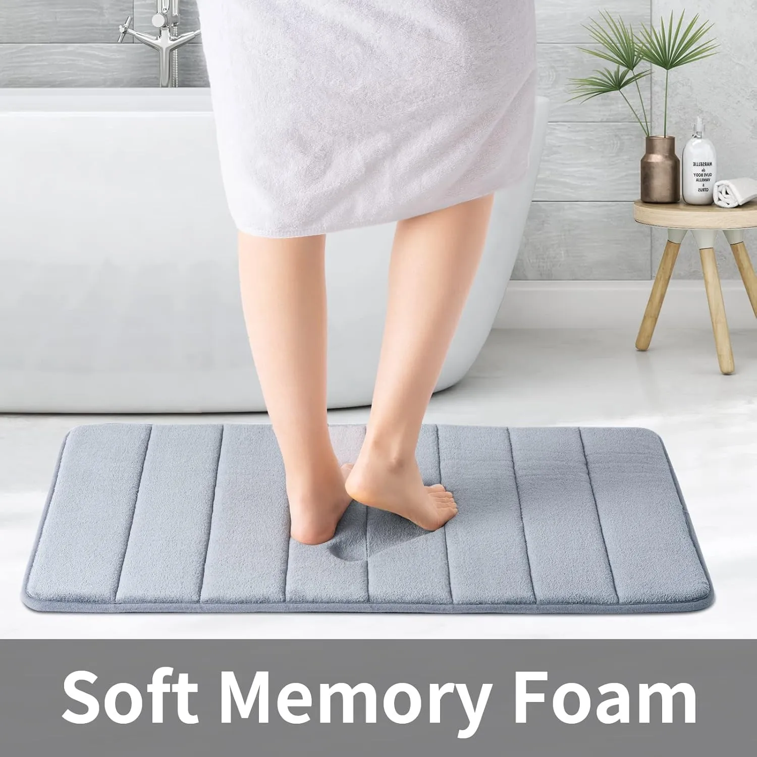 ROSMARUS Memory Foam Bath Mat 20” x 32”, Water Absorbent Shower Mat, Thick Non Slip Bath Rugs with PVC Backing, Ultra Soft for Bathroom Floor & Tub, Grey