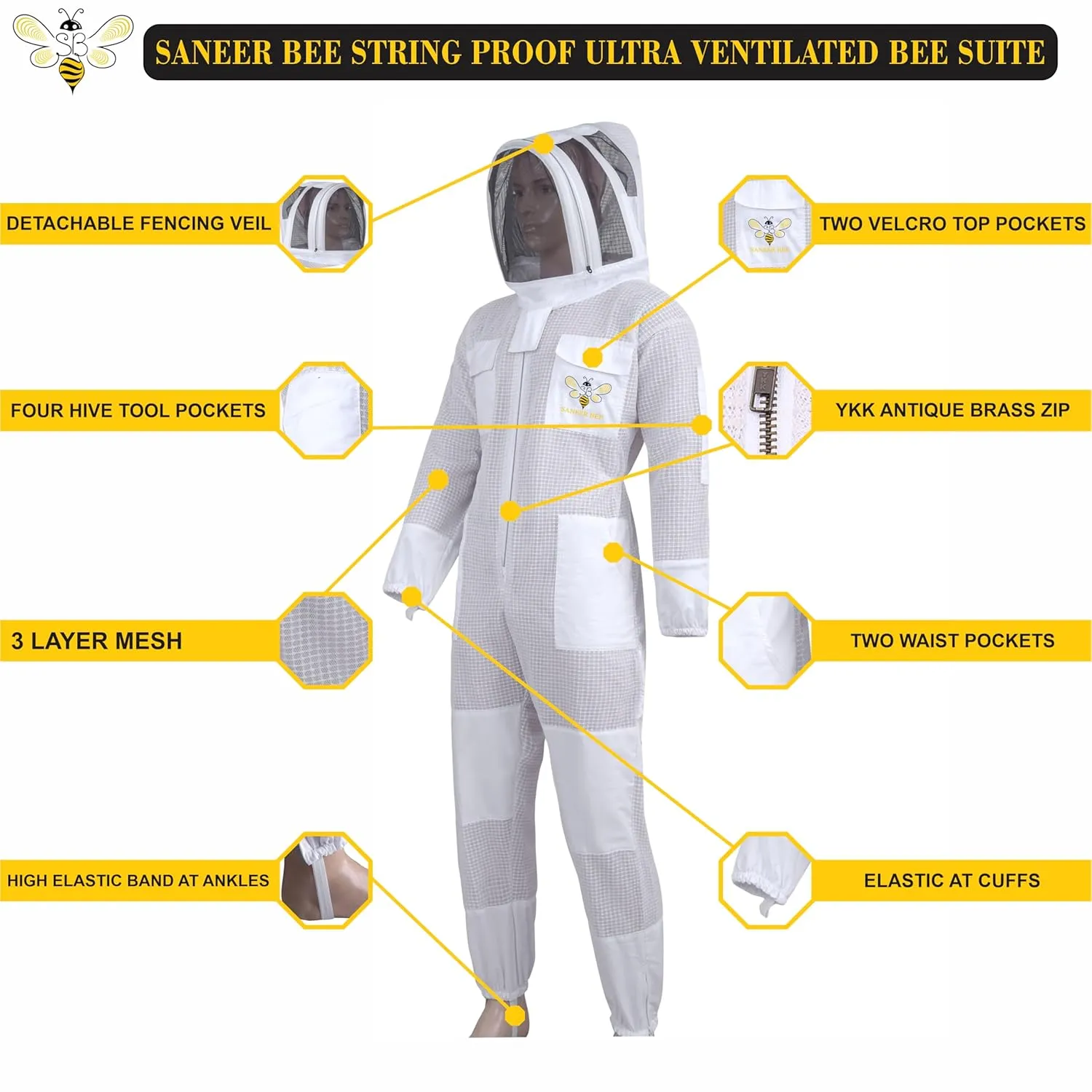 SANEER 3 Layer Beekeeping Suit, Ventilated Sting Proof Beekeeping Suit For Beekeepers with Gloves (X-Large)