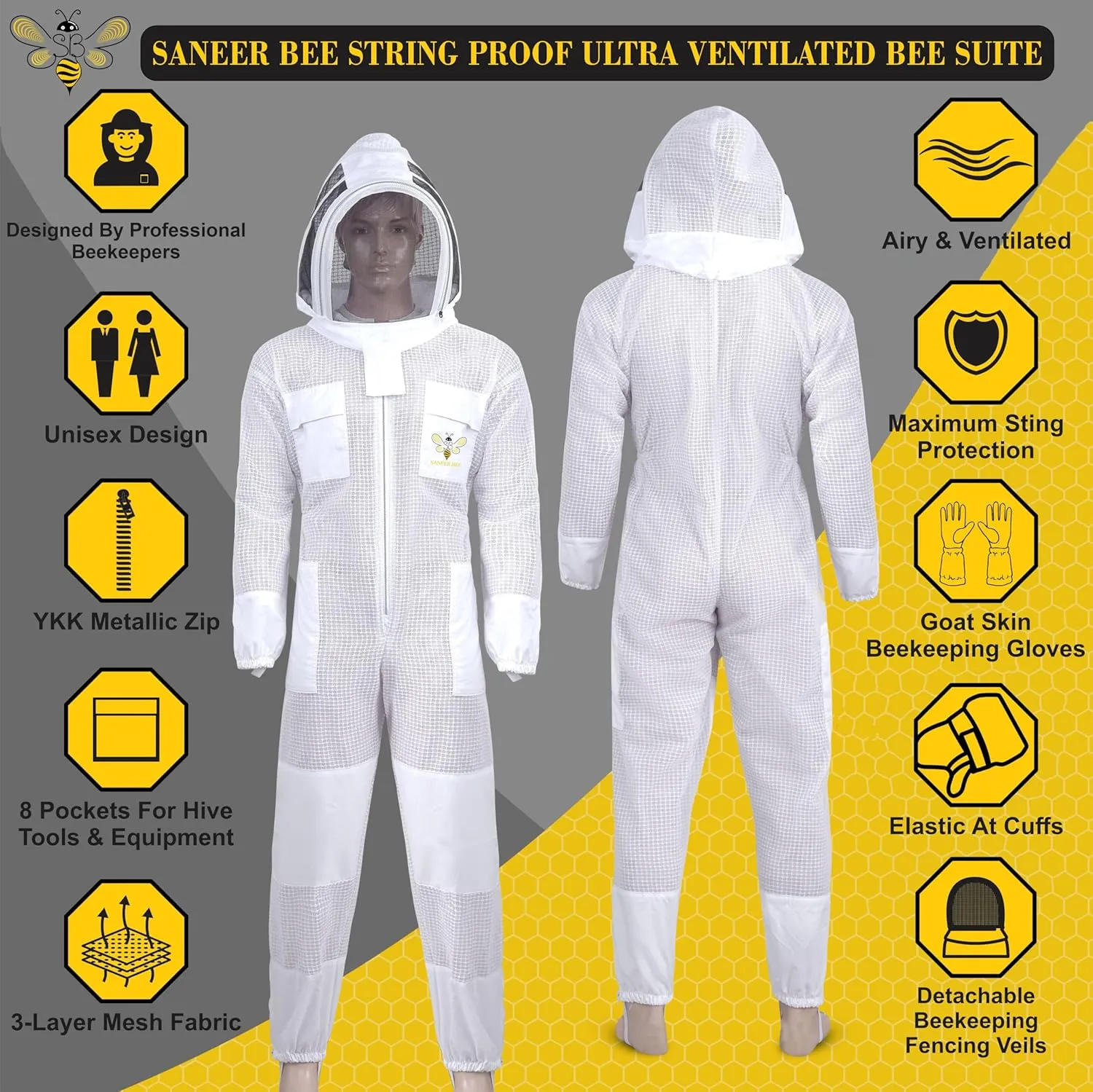 SANEER 3 Layer Beekeeping Suit, Ventilated Sting Proof Beekeeping Suit For Beekeepers with Gloves (X-Large)