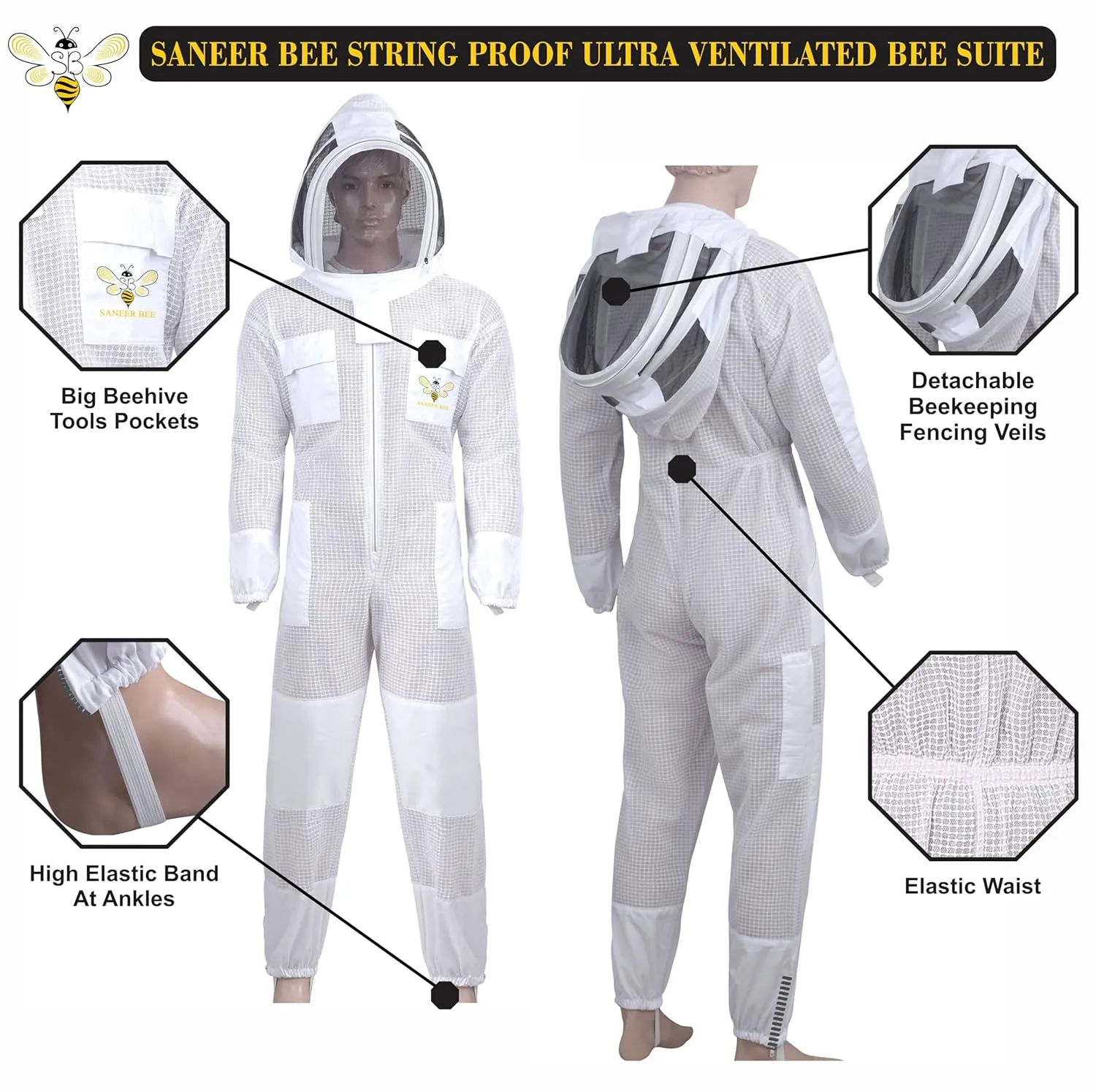 SANEER 3 Layer Beekeeping Suit, Ventilated Sting Proof Beekeeping Suit For Beekeepers with Gloves (X-Large)