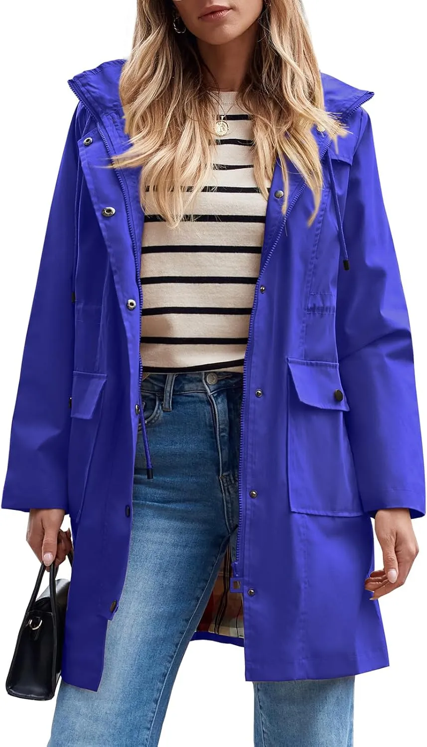 SaphiRose Women's Waterproof Rain Jacket Lightweight Raincoat Hooded Windbreaker Trench Coat