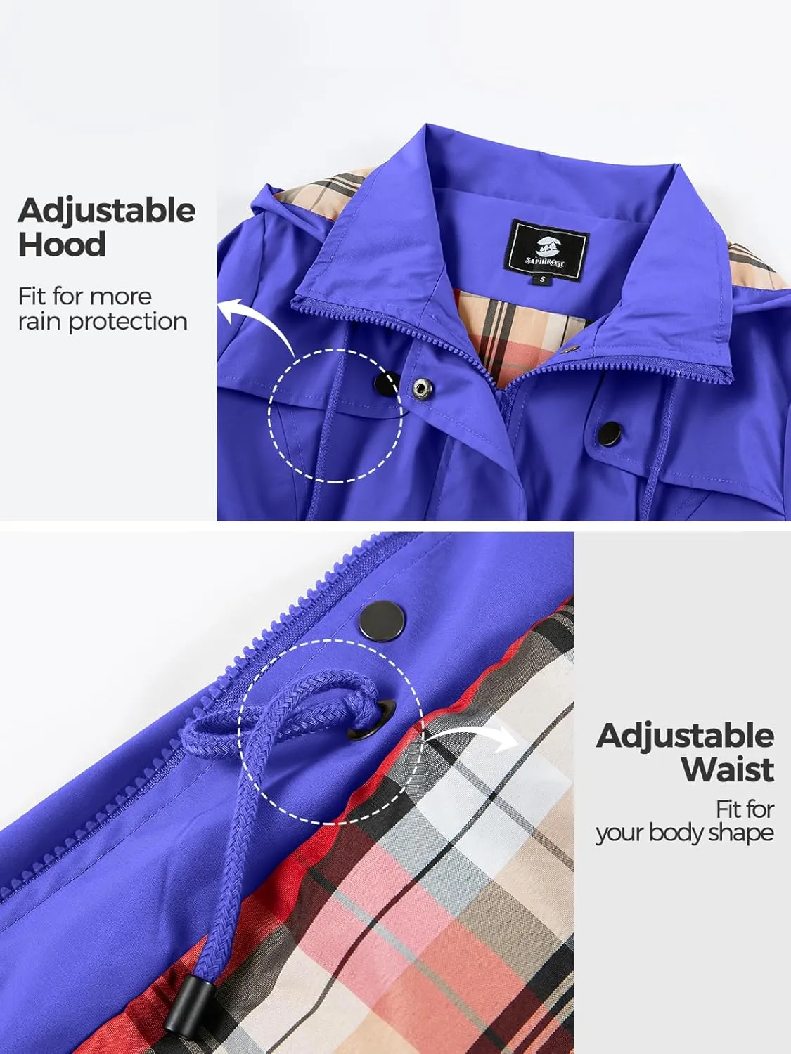 SaphiRose Women's Waterproof Rain Jacket Lightweight Raincoat Hooded Windbreaker Trench Coat