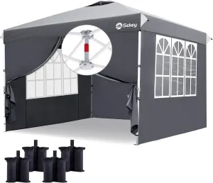 Sekey 1 Push Setup 10x10 Pop Up Canopy Beach Tent, Outdoor Portable Gazebo, 420D Silver Coated Top, 4 Removable Sidewalls, 4 Weight Bags
