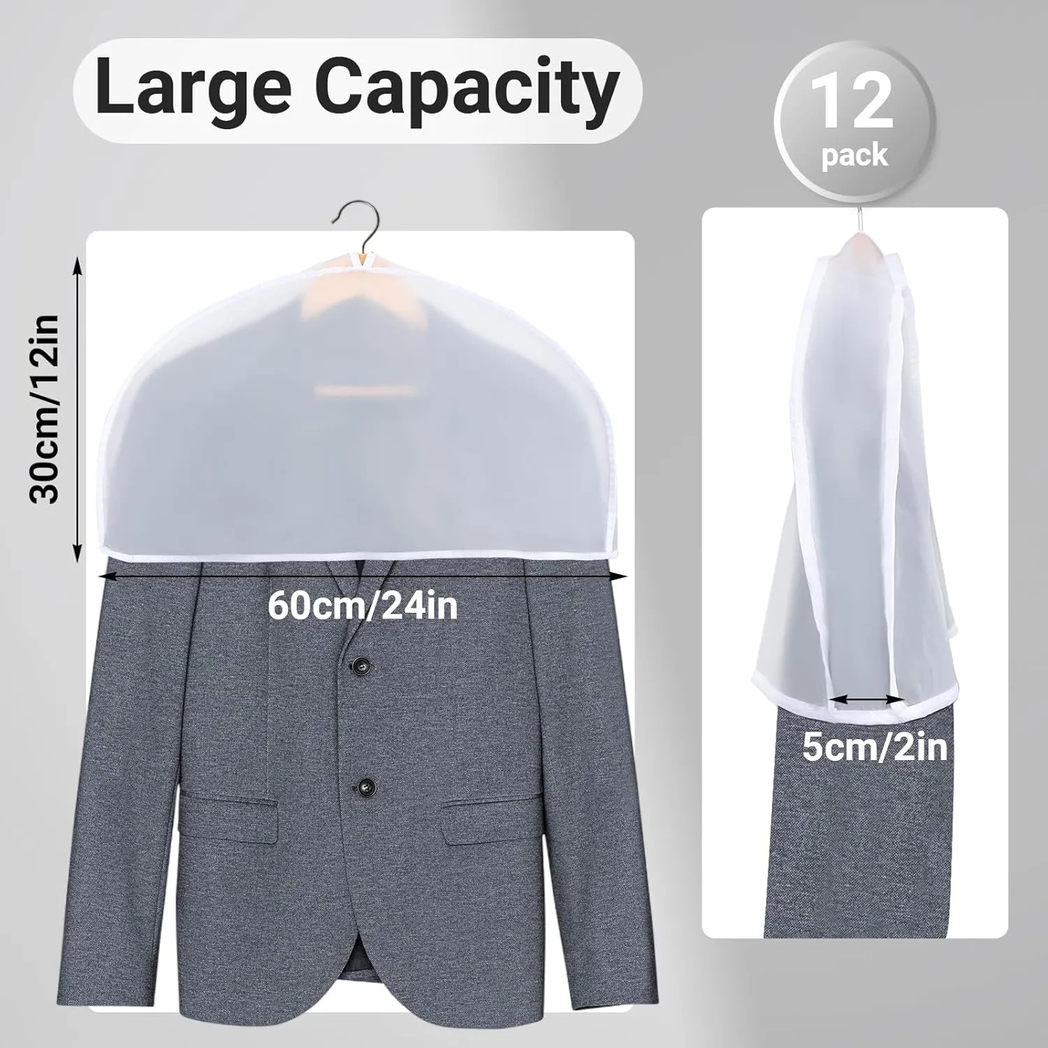 Shoulder Covers for Hanging Clothes, 24x12x2 inch, Pack of 12, Shoulder Cover for Closet Storage, Breathable Clear Plastic Clothes Cover for Hanging T Shirt, Suit, Coat, Jacket, Dress, Gown