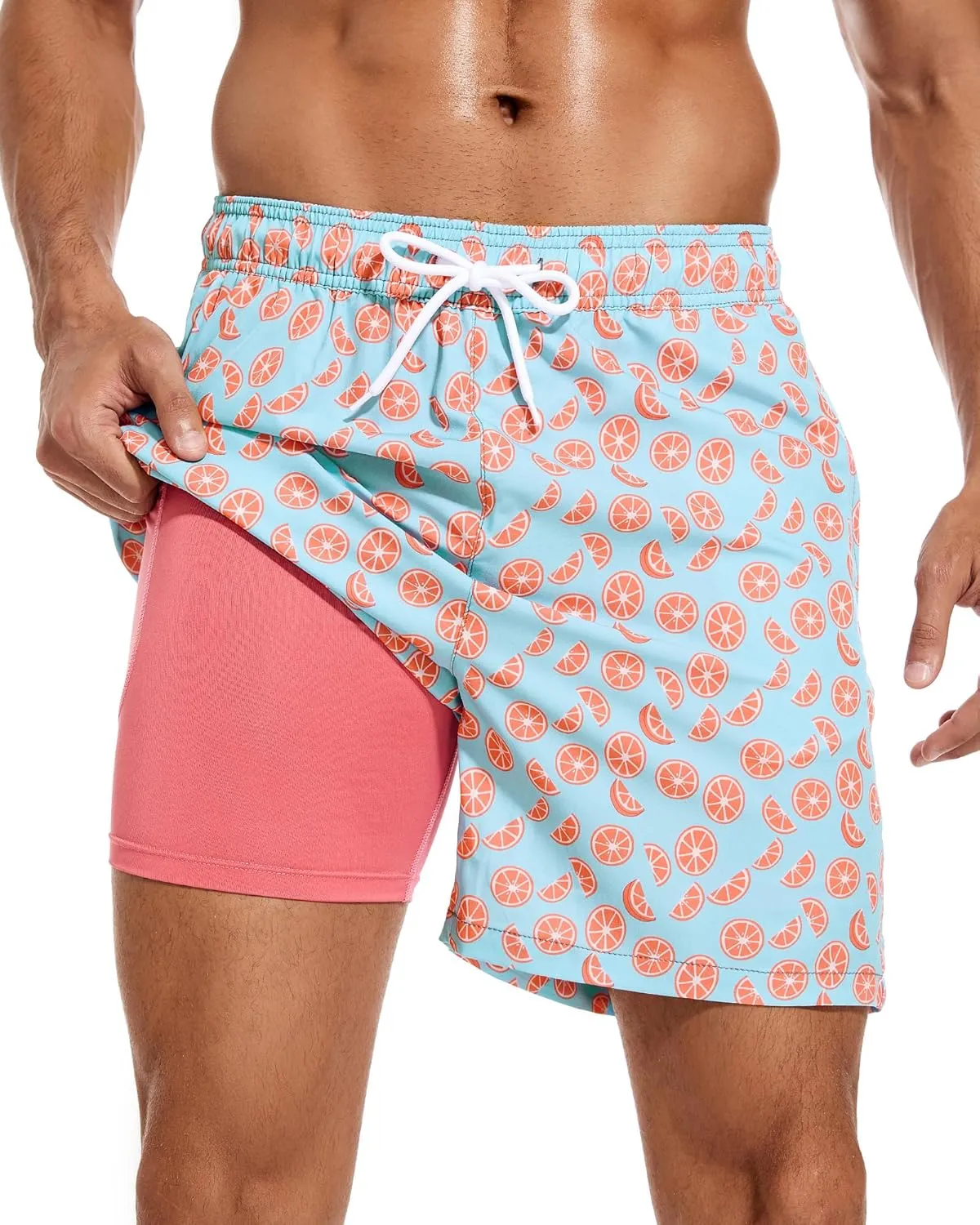 SILKWORLD Mens Swimming Trunks with Compression Liner Quick Dry 5 inch Swim Shorts with Zipper Pockets