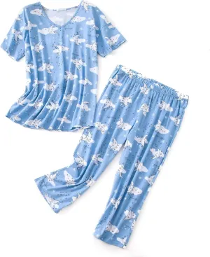 SISKIN Womens Pajama Sets - Capri Pajamas for Women Set Plus Size Sleepwear Tops with Capri Pants Summer Pjs Sets