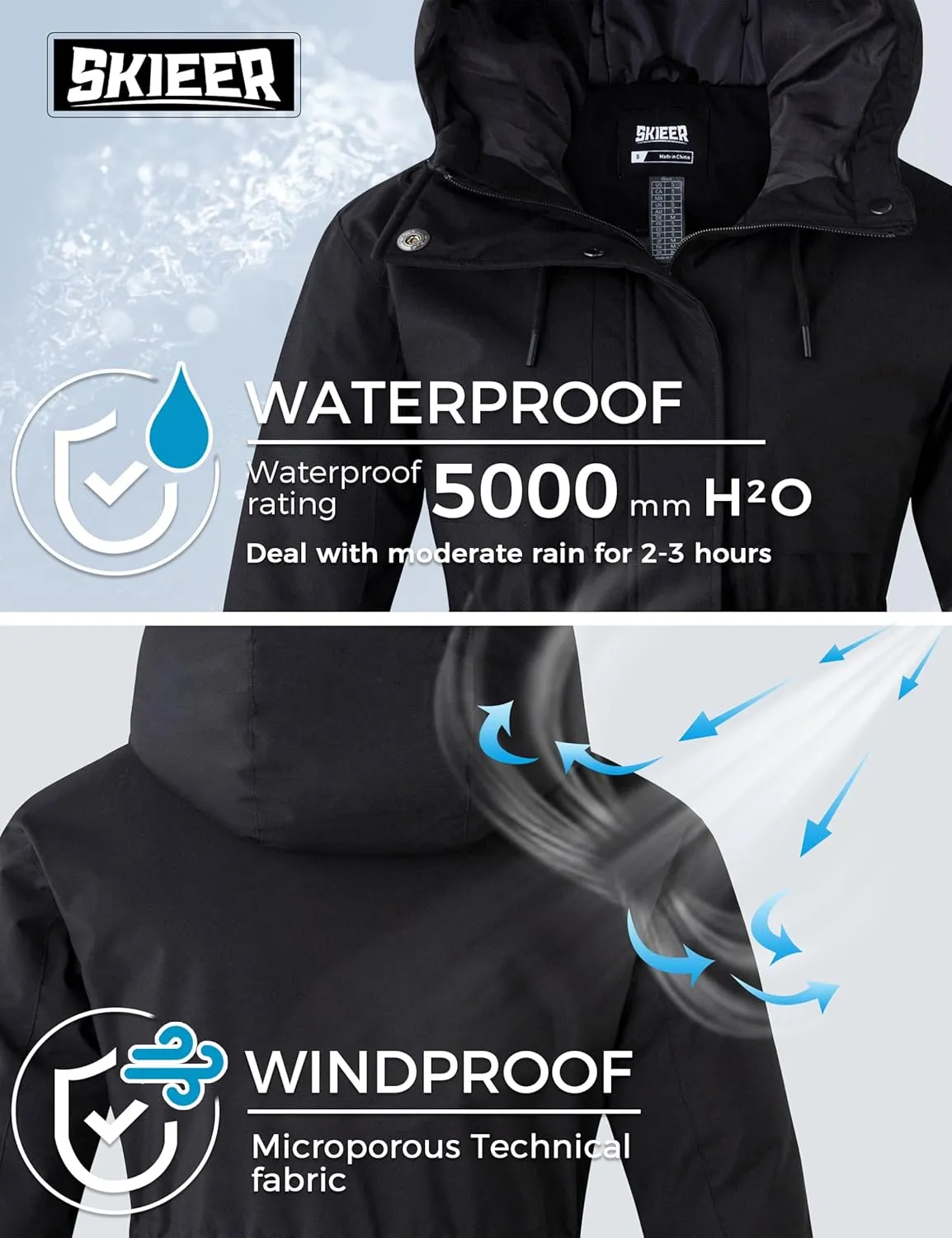 Skieer Women's Waterproof Ski Jacket Hooded Fleece Winter Jacket Warm Snow Coat