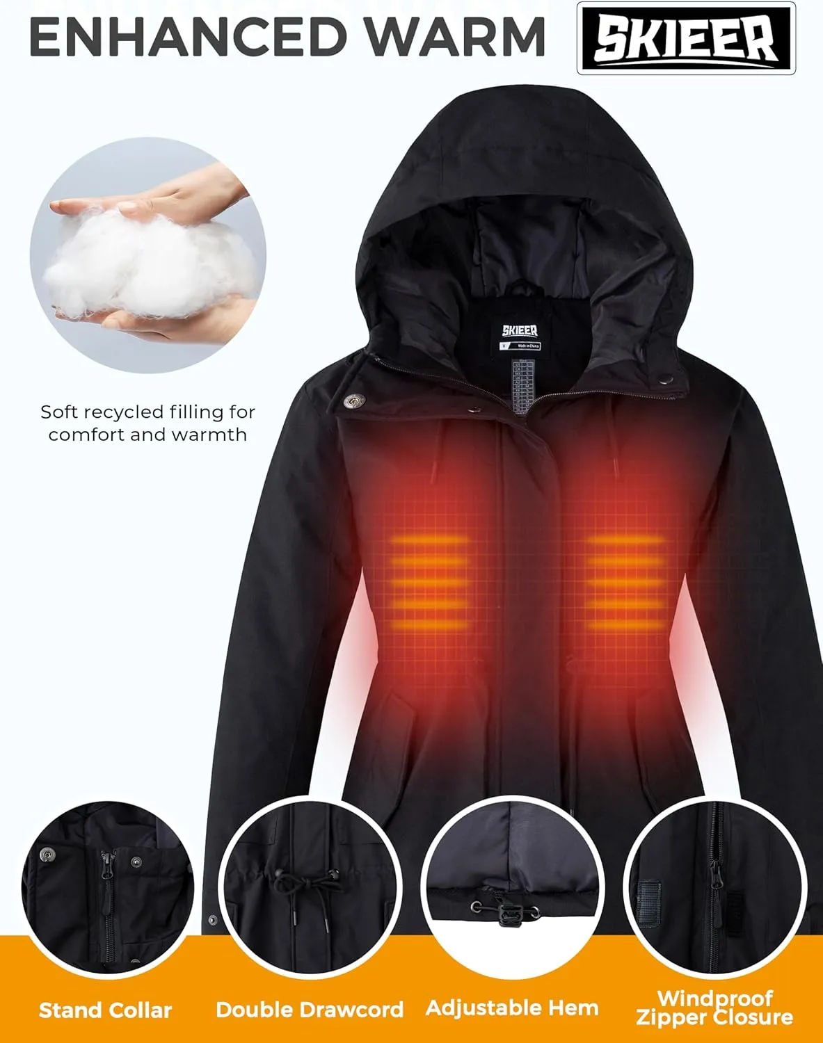 Skieer Women's Waterproof Ski Jacket Hooded Fleece Winter Jacket Warm Snow Coat
