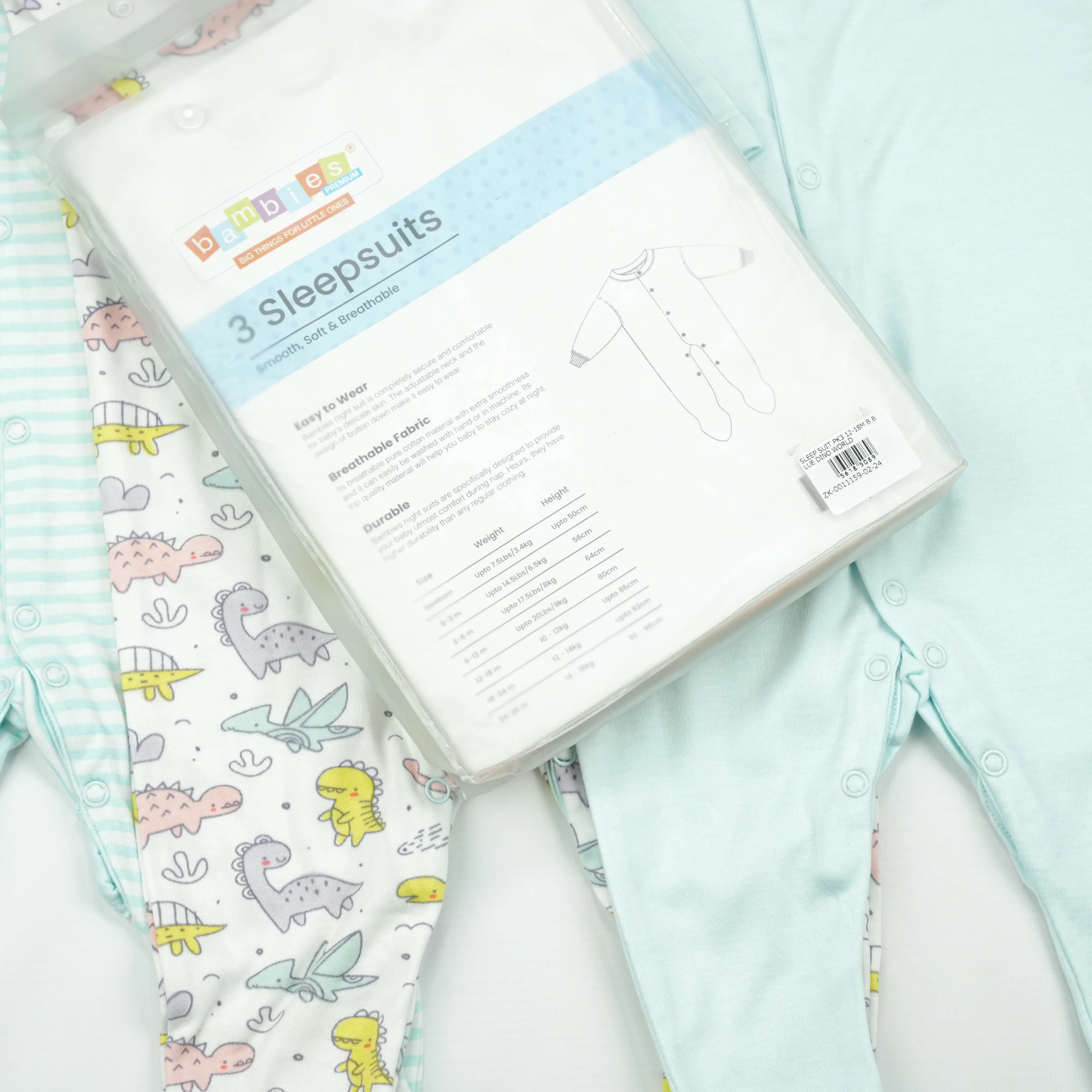 SLEEP SUIT PK3 12-18M B.BLUE DINO WORLD
